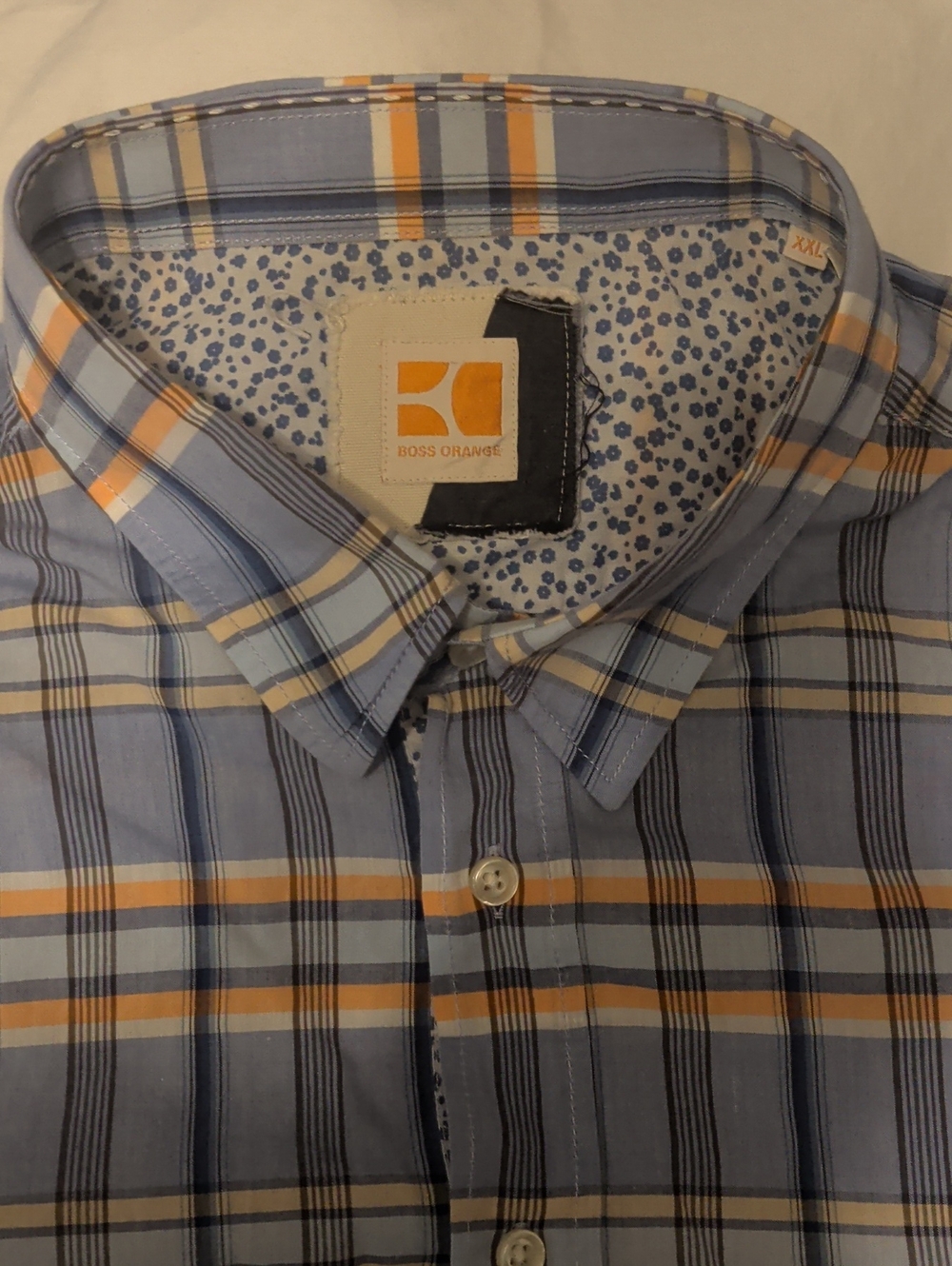 BOSS ORANGE Light Blue Plaid Button-Down Shirt with Orange Stripes